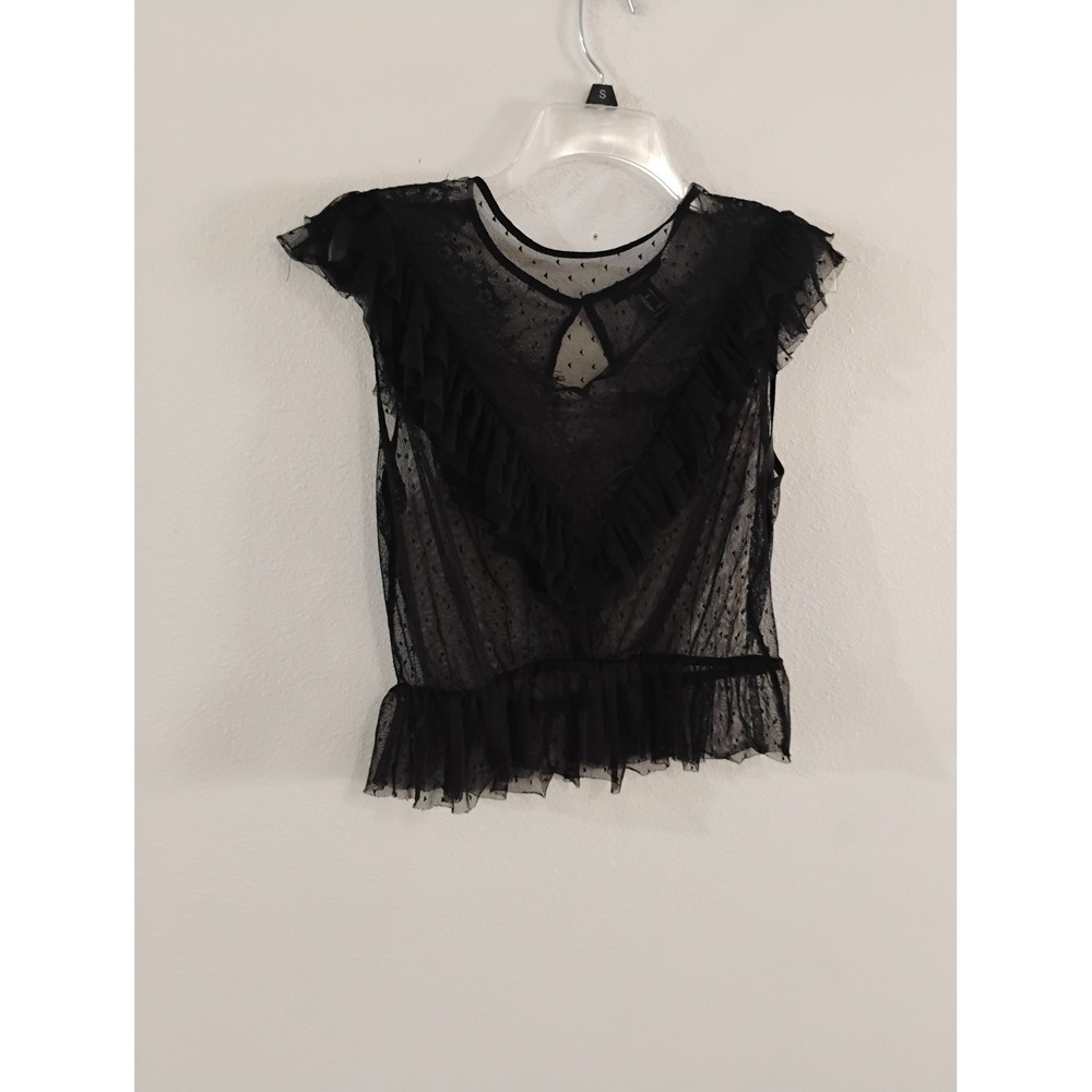 Forever 21 Black Sheer Mesh Swiss Dot Ruffle Sleeveless Blouse Top Large
